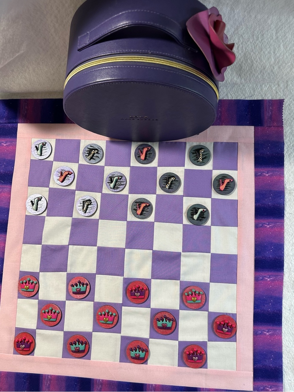 Handmade Lavender & Purple Quilted Checkerboard set with a Special Container. - Picture 5 of 9